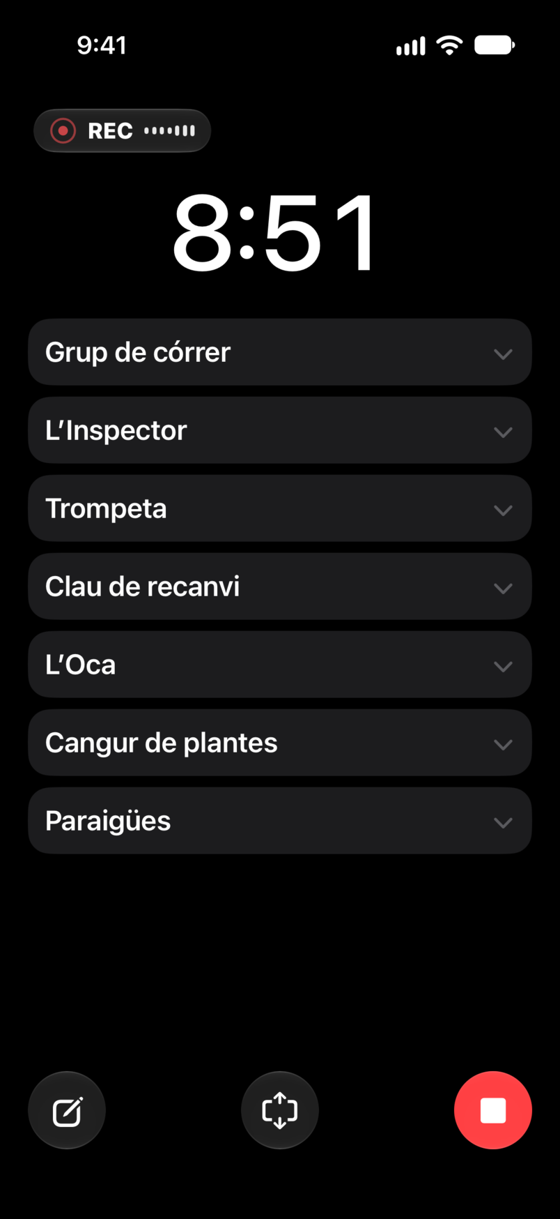 Espectacle en directe: temps transcorregut i restant, enregistrament, amb el set sota el cronòmetre