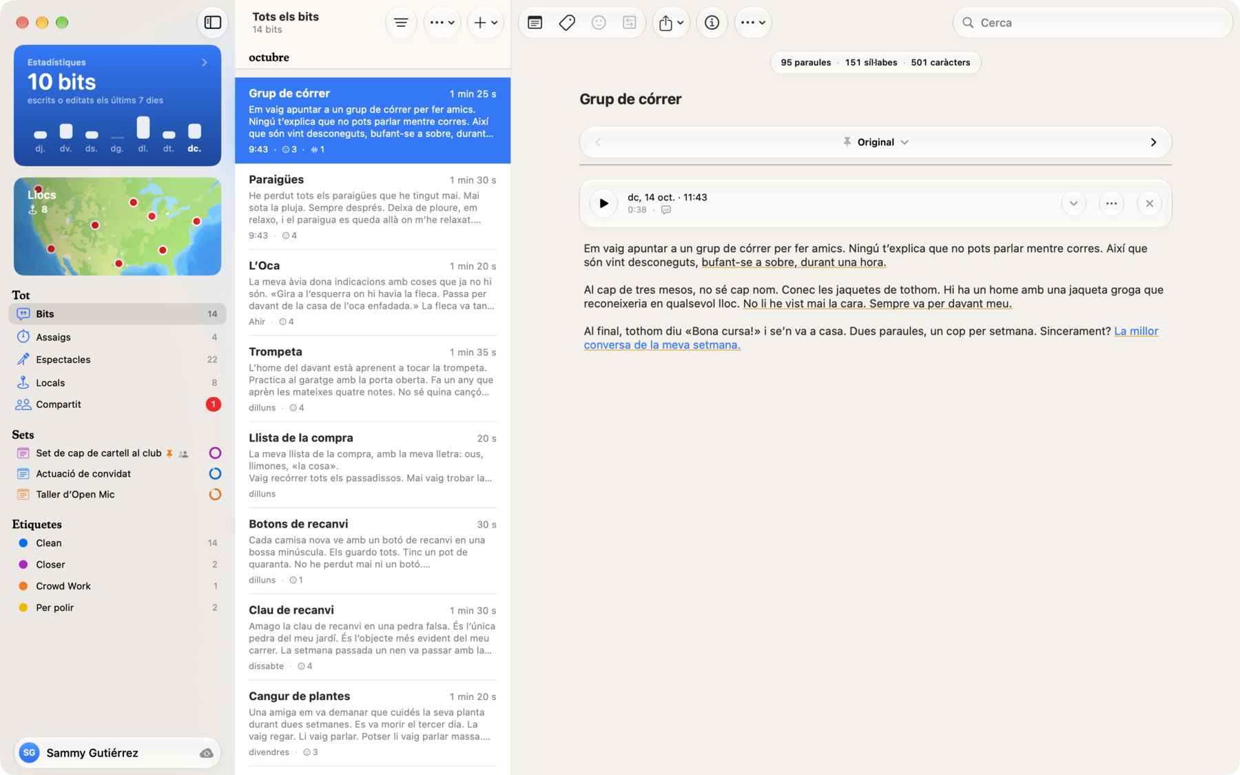 Bitbook al Mac: sets i etiquetes a la barra lateral, tots els bits en una llista i un bit obert amb les línies que han fet riure marcades
