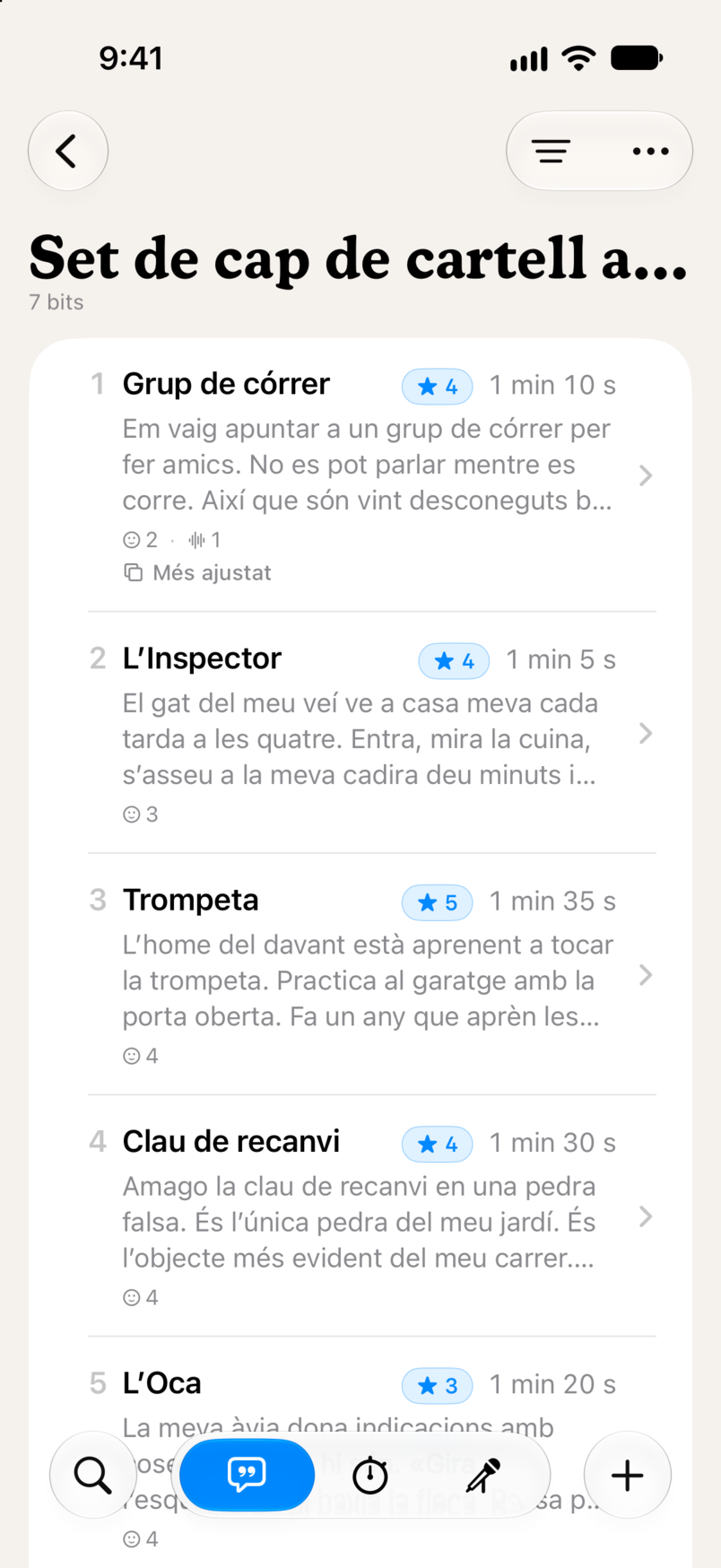 Un set a Bitbook: set bits en ordre, cadascun amb la seva valoració en estrelles i la seva durada