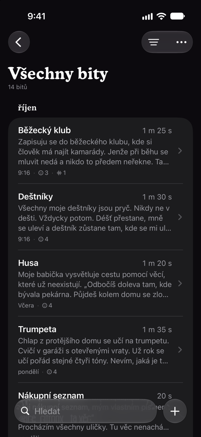 Všechny bity v Bitbooku: každý bit v jednom seznamu, u každého jeho délka a první řádky