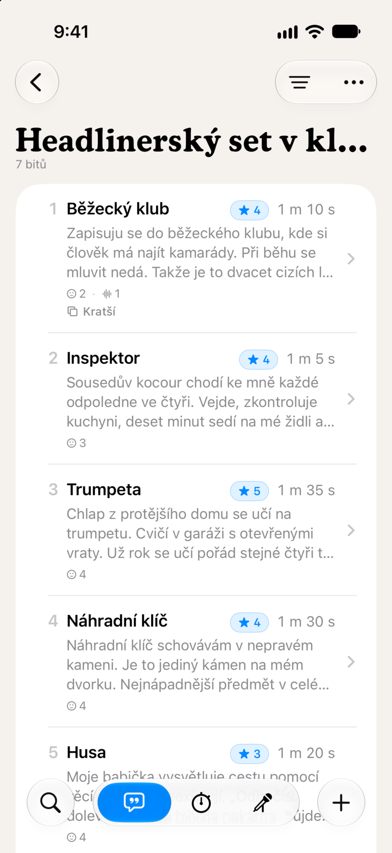 Set v Bitbooku: sedm bitů popořadě, každý s hodnocením hvězdičkami a délkou