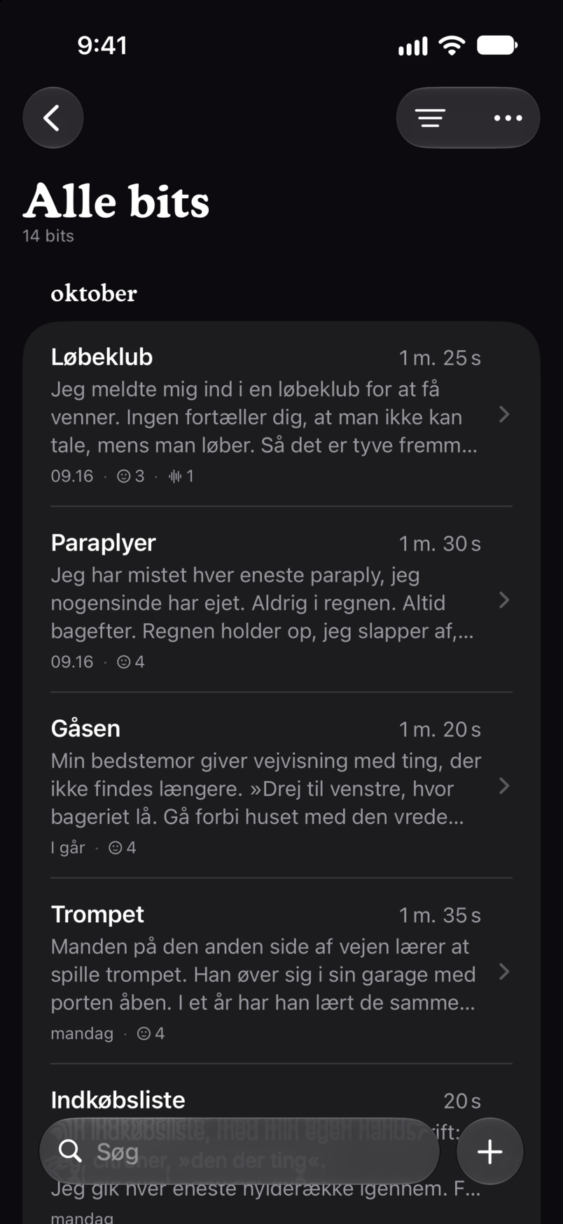 Alle bits i Bitbook: hver bit på én liste, hver med sin spilletid og sine første linjer