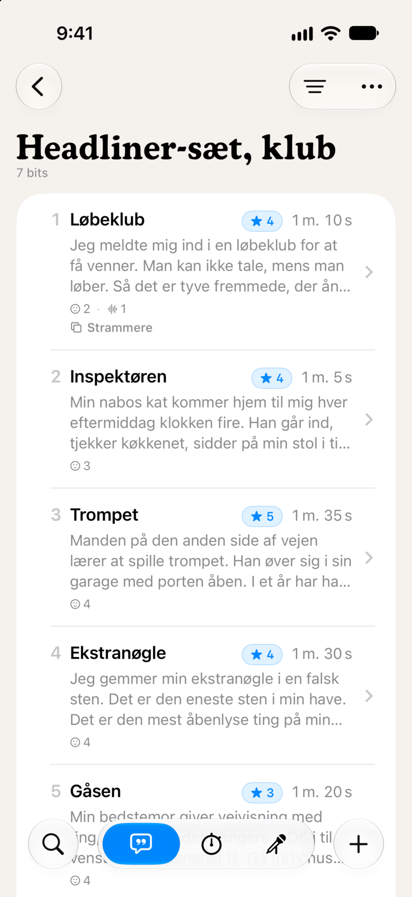 Et set i Bitbook: syv bits i rækkefølge, hver med sin stjernebedømmelse og spilletid
