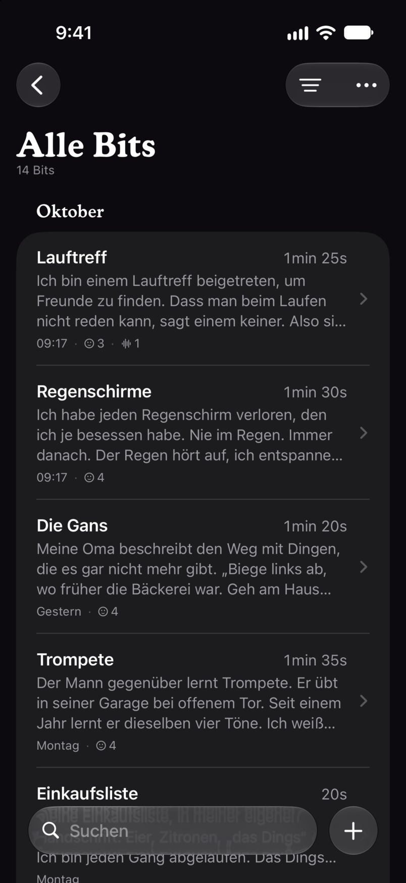 Alle Bits in Bitbook: jedes Bit in einer Liste, jeweils mit Laufzeit und den ersten Zeilen