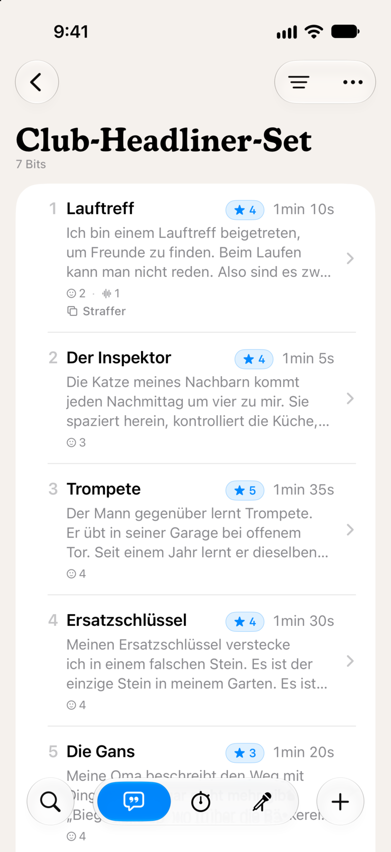 Ein Set in Bitbook: sieben Bits in Reihenfolge, jedes mit Sternebewertung und Laufzeit
