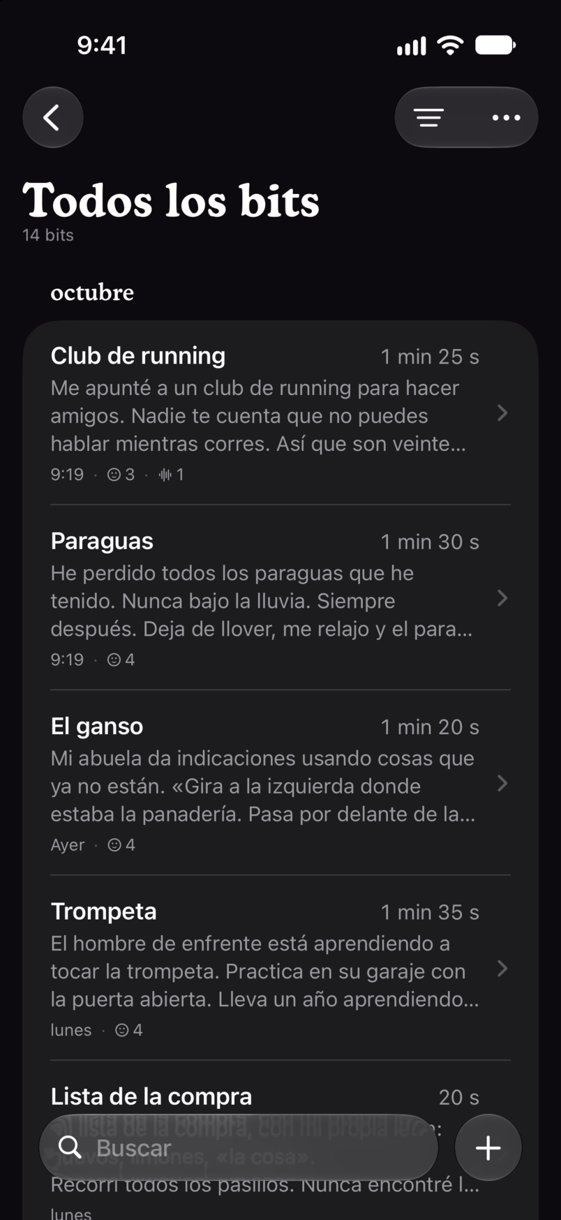 Todos los bits en Bitbook: cada bit en una sola lista, con su duración y sus primeras líneas