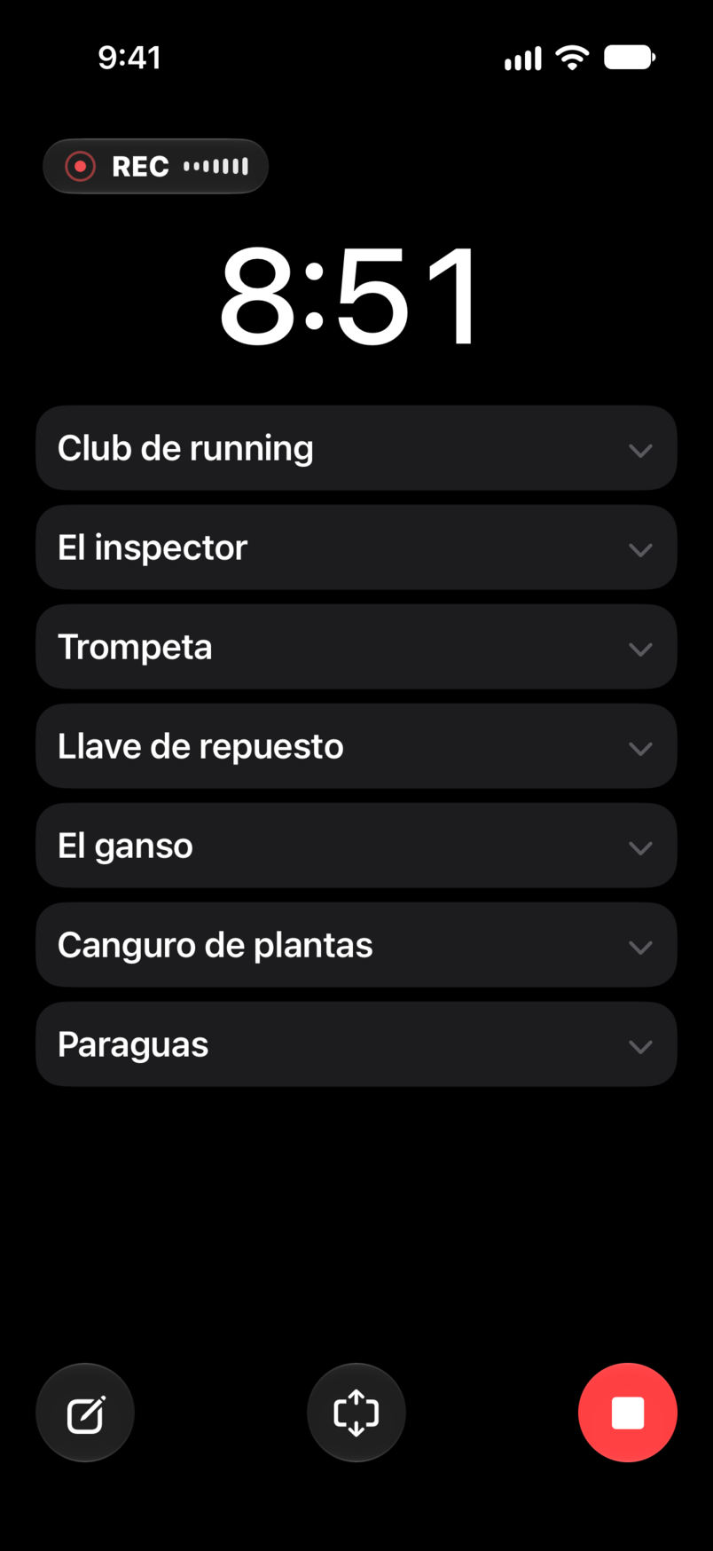 Show en vivo: tiempo transcurrido y restante, grabación, con el set bajo el cronómetro