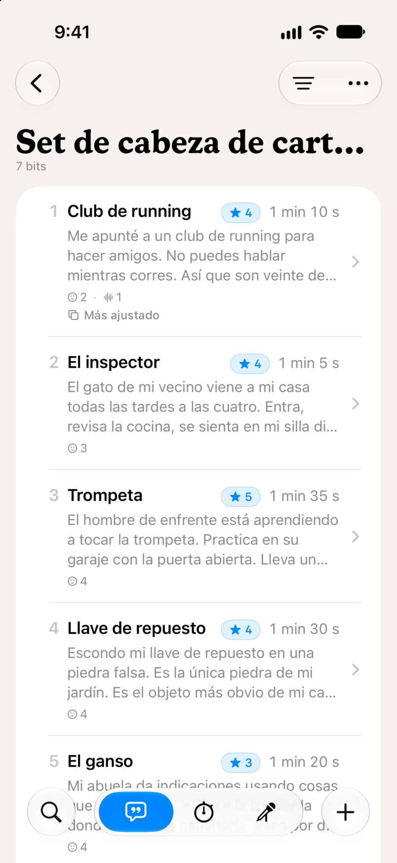 Un set en Bitbook: siete bits en orden, cada uno con su valoración en estrellas y su duración