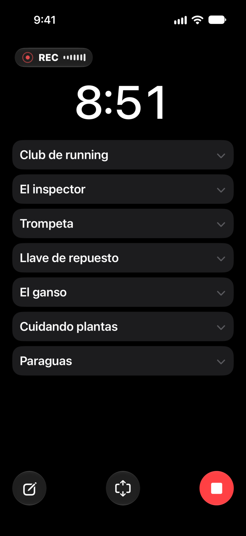 Show en vivo: tiempo transcurrido y restante, grabación, con el set debajo del cronómetro