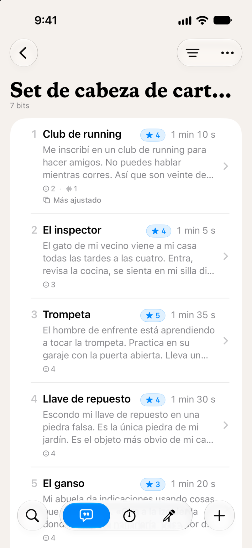 Un set en Bitbook: siete bits en orden, cada uno con su calificación en estrellas y su duración