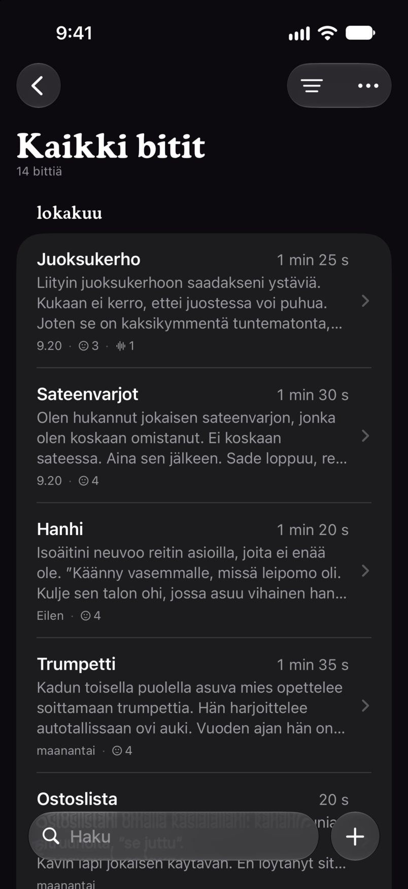 Kaikki bitit Bitbookissa: jokainen bitti samassa listassa, kustakin näkyvät kesto ja avausrivit