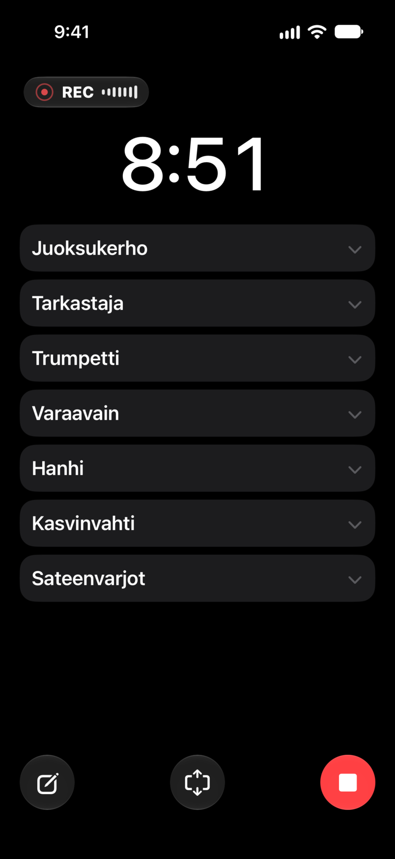 Livekeikka: kulunut ja jäljellä oleva aika, nauhoitus, setti ajastimen alla