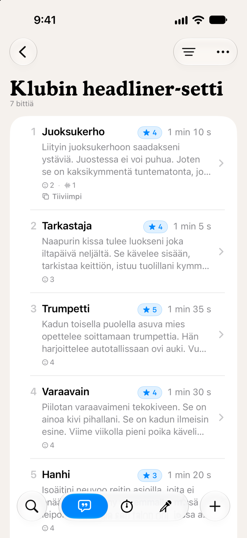 Setti Bitbookissa: seitsemän bittiä järjestyksessä, kullakin tähtiarvio ja kesto