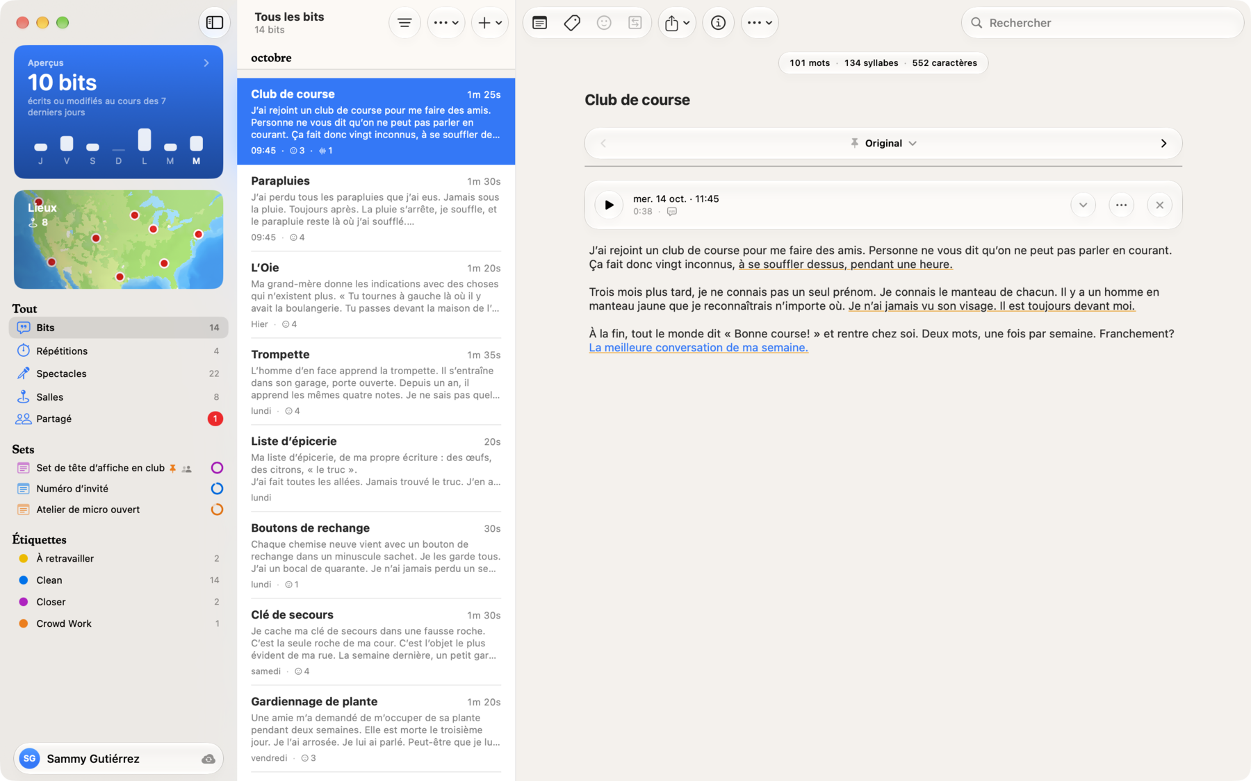 Bitbook sur Mac : sets et étiquettes dans la barre latérale, tous les bits dans une liste, et un bit ouvert avec les lignes qui ont fait rire repérées