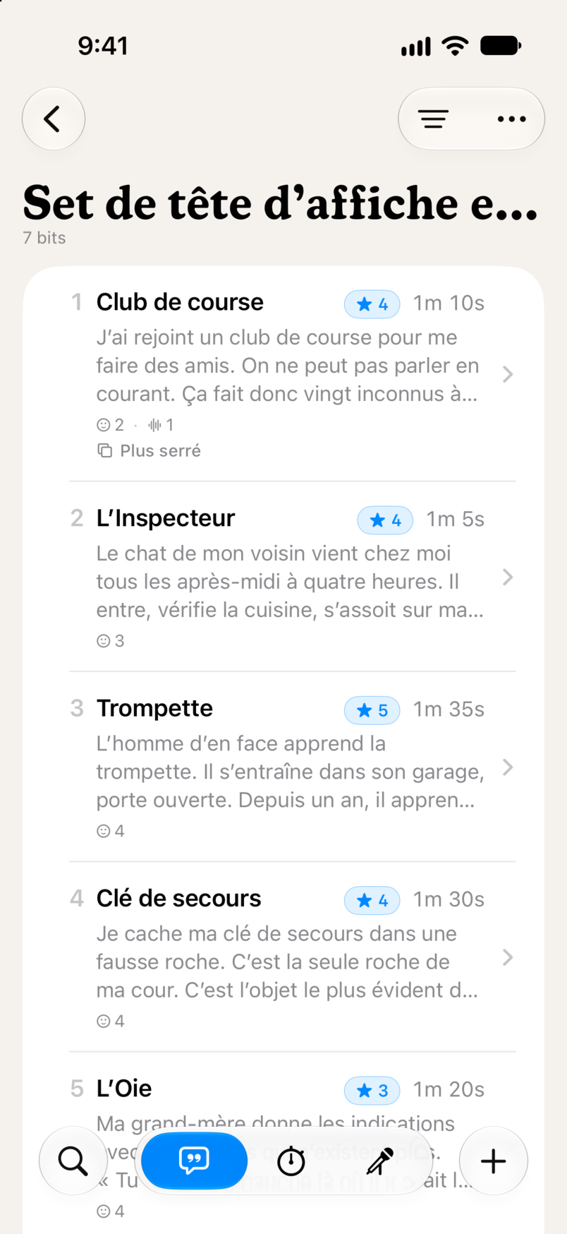 Un set dans Bitbook : sept bits dans l'ordre, chacun avec sa note en étoiles et sa durée