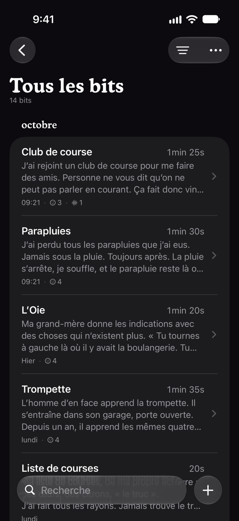 Tous les bits dans Bitbook : chaque bit dans une seule liste, avec sa durée et ses premières lignes