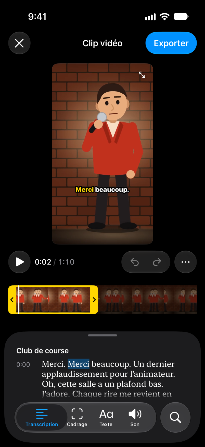 L’éditeur d’extraits : un extrait vertical d’un humoriste au micro avec un sous-titre sur l’image, au-dessus de la transcription où le mot prononcé est mis en évidence