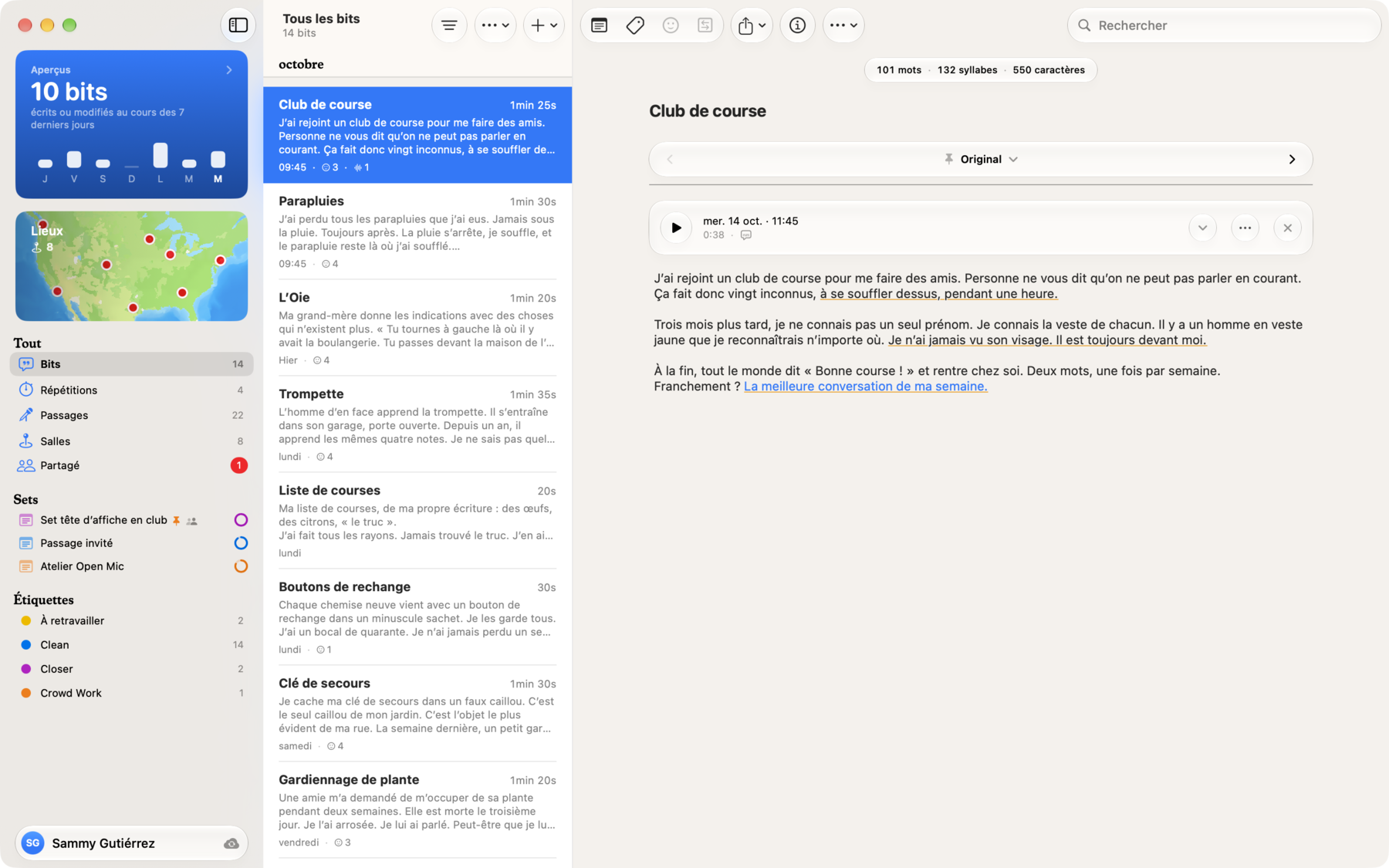 Bitbook sur Mac : sets et étiquettes dans la barre latérale, tous les bits dans une liste, et un bit ouvert avec les lignes qui ont fait rire repérées