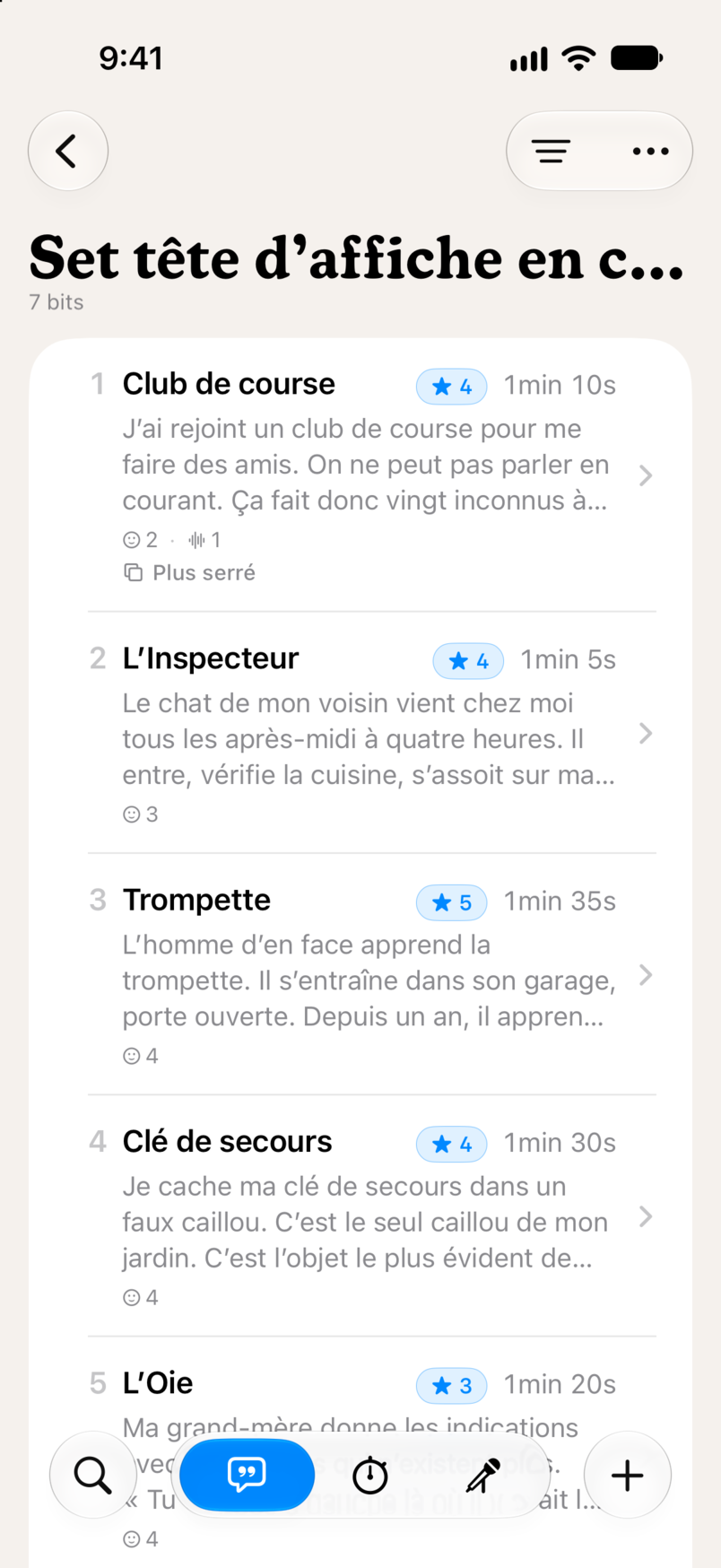 Un set dans Bitbook : sept bits dans l’ordre, chacun avec sa note en étoiles et sa durée
