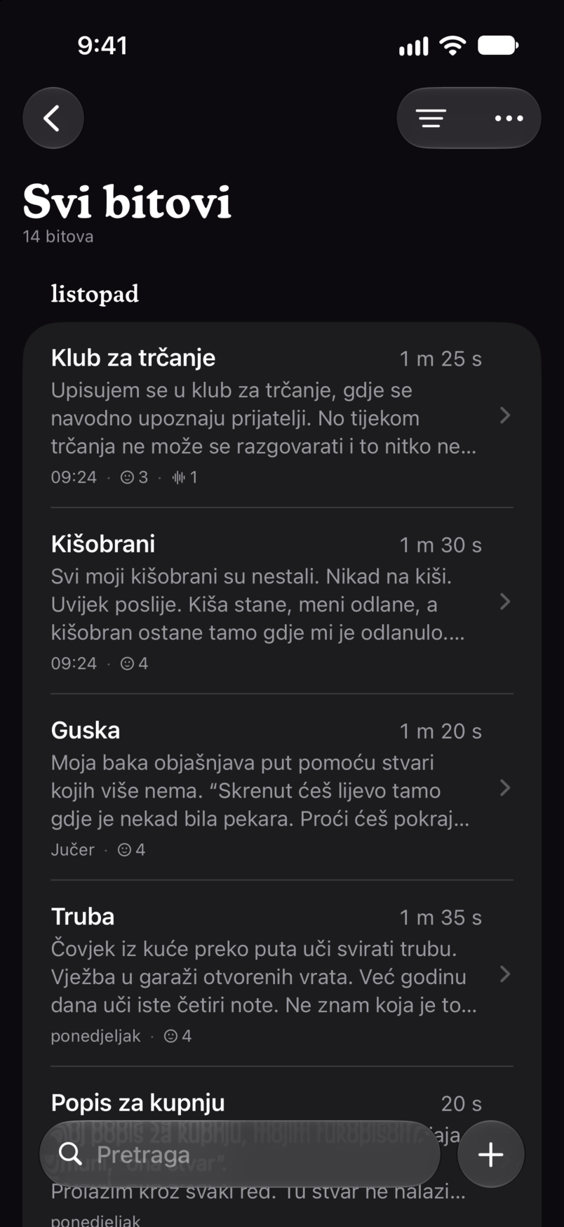 Svi bitovi u Bitbooku: svaki bit na jednom popisu, sa svojim trajanjem i prvim retcima