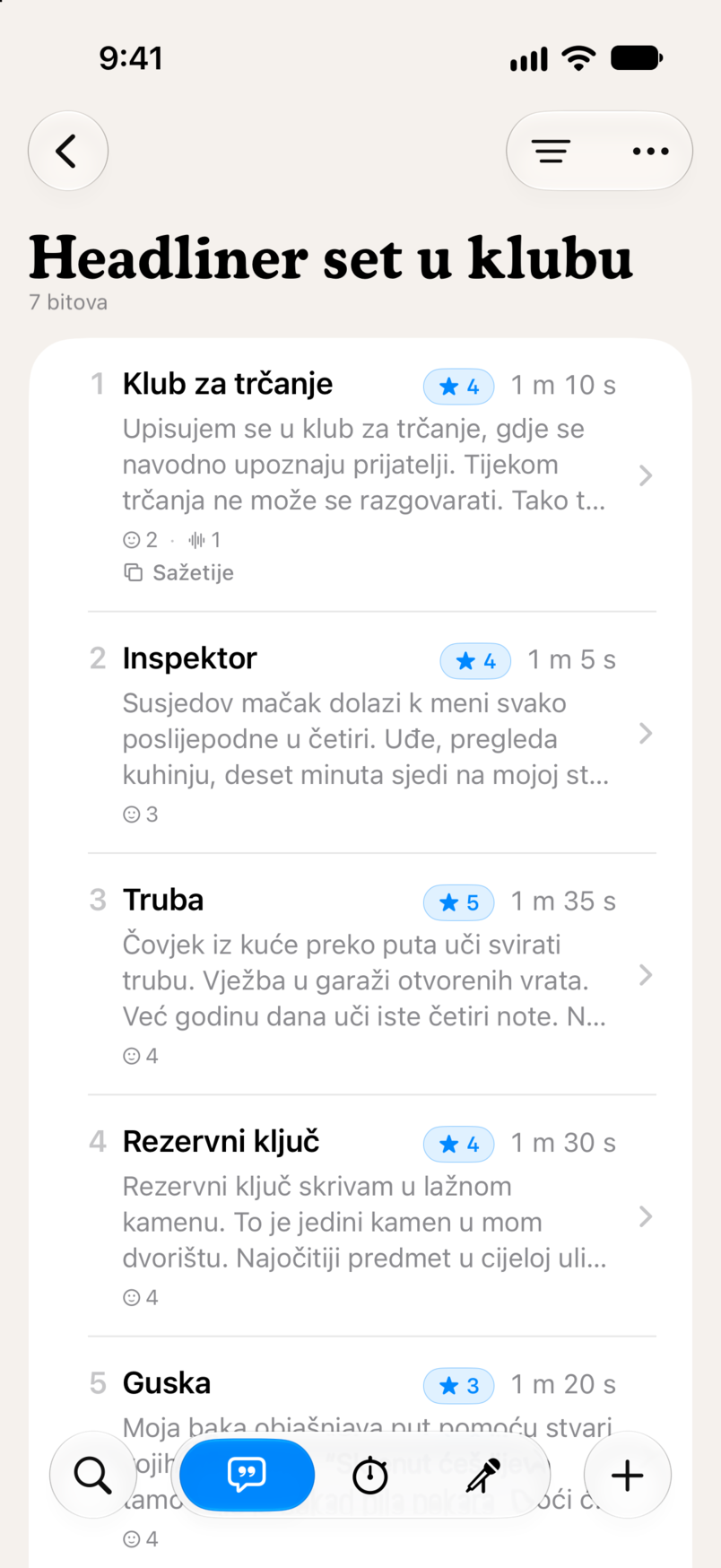 Set u Bitbooku: sedam bitova po redu, svaki s ocjenom u zvjezdicama i trajanjem