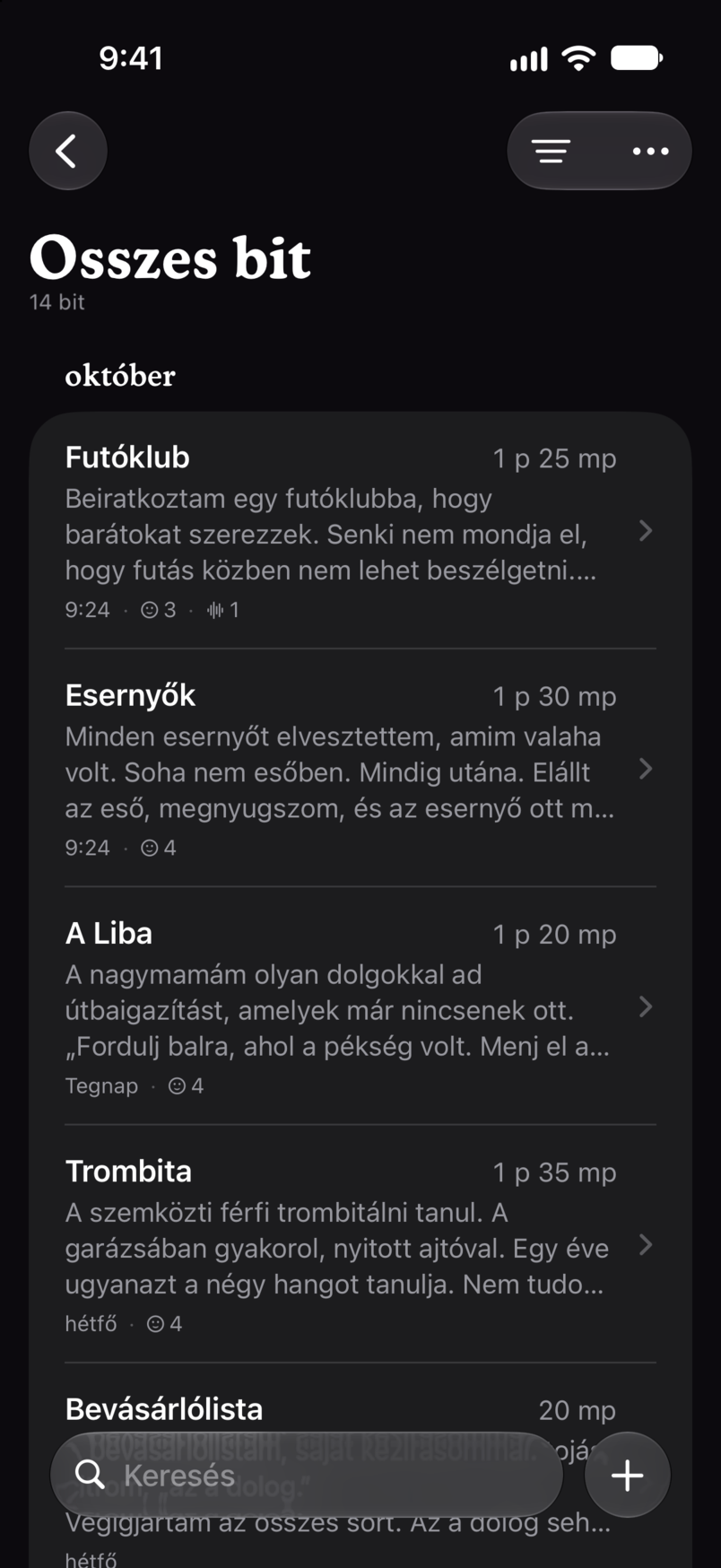 Az Összes bit a Bitbookban: minden bit egy listában, mindegyik a játékidejével és az első soraival