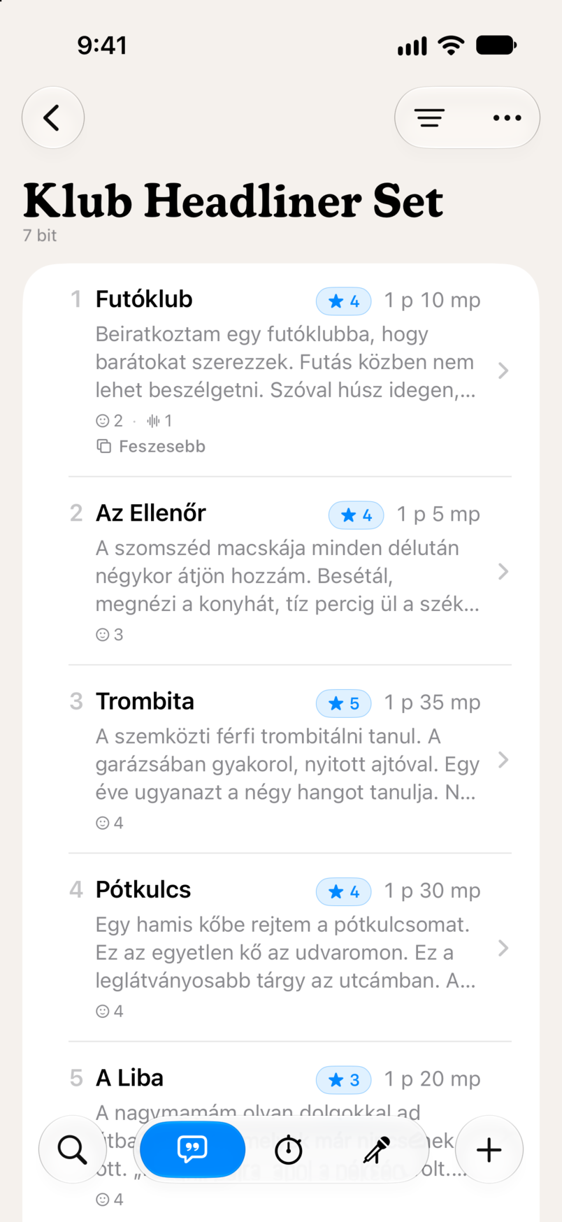 Egy set a Bitbookban: hét bit sorrendben, mindegyik csillagos értékeléssel és játékidővel
