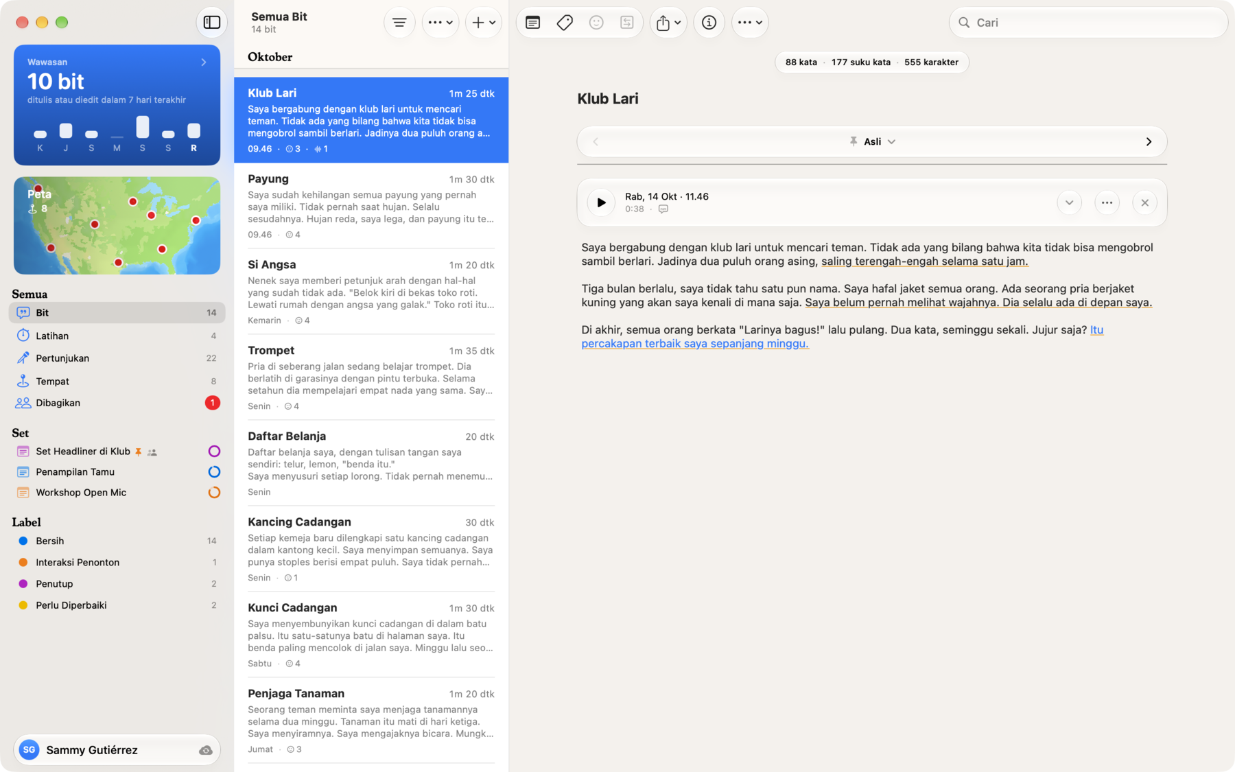 Bitbook di Mac: set dan label di bar samping, semua bit dalam satu daftar, dan satu bit terbuka dengan baris yang mengundang tawa ditandai