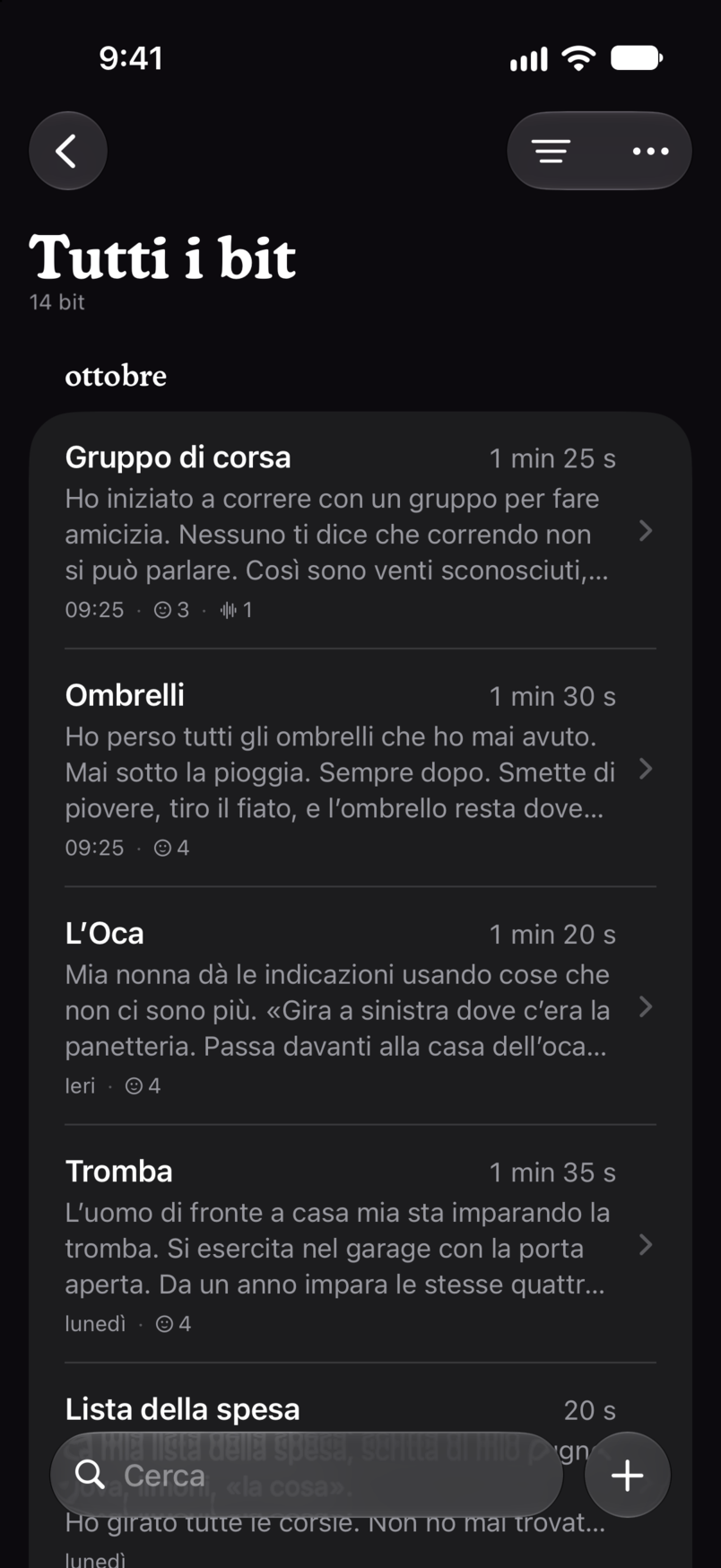 Tutti i bit in Bitbook: ogni bit in un unico elenco, ciascuno con la sua durata e le righe iniziali