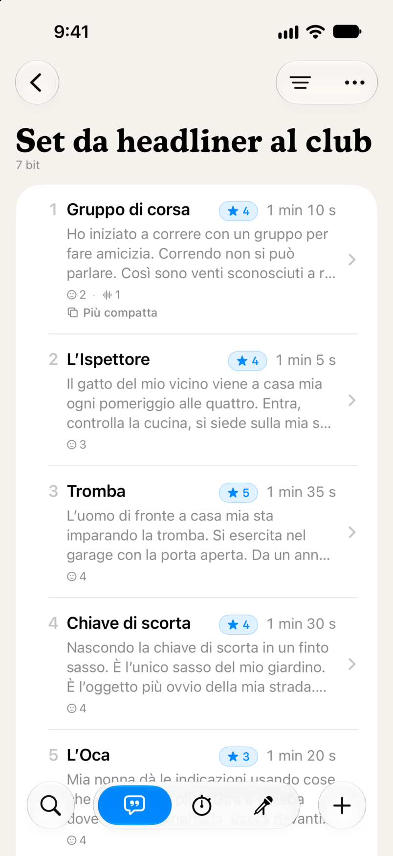Un set in Bitbook: sette bit in ordine, ciascuno con la sua valutazione a stelle e la durata