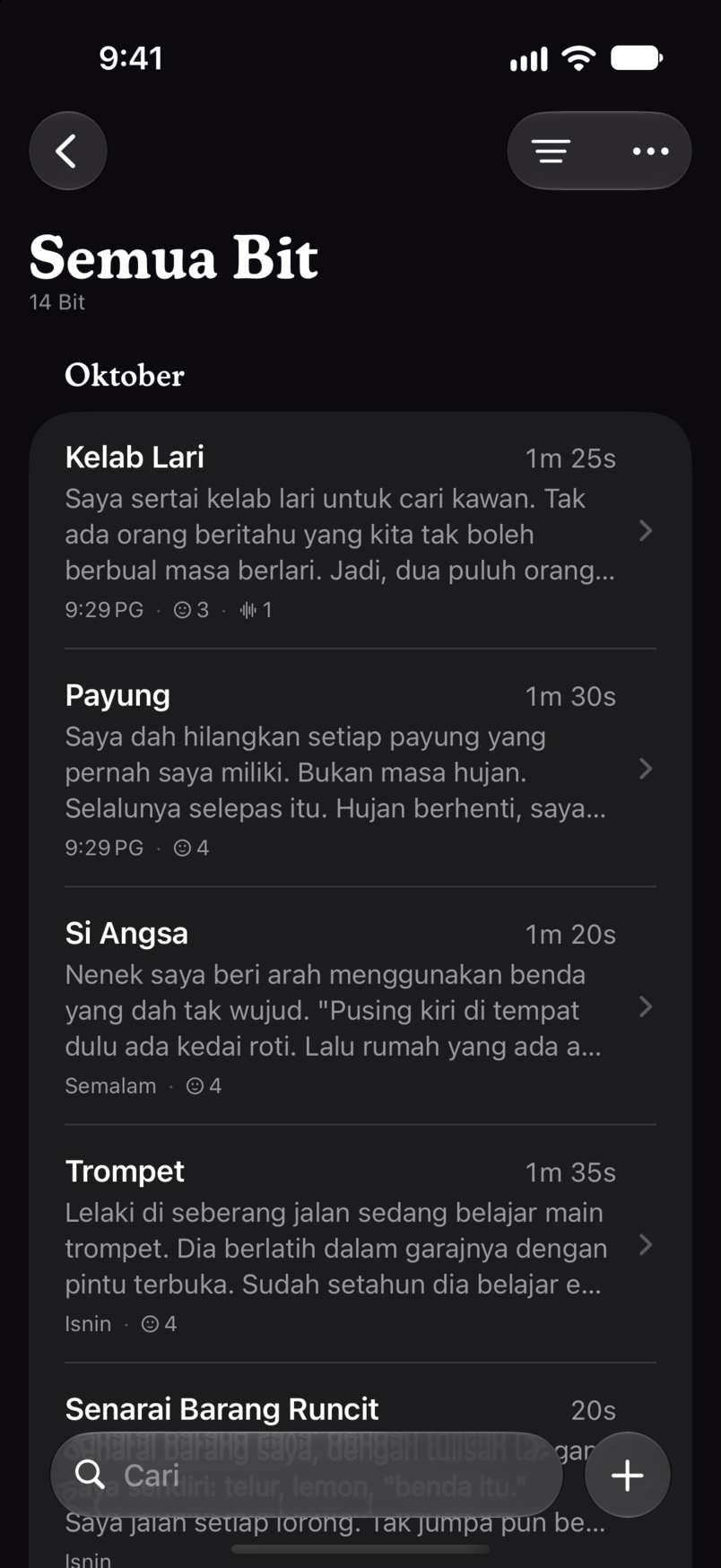 Semua Bit dalam Bitbook: setiap Bit dalam satu senarai, setiap satu dengan masa berjalan dan baris pembukaannya
