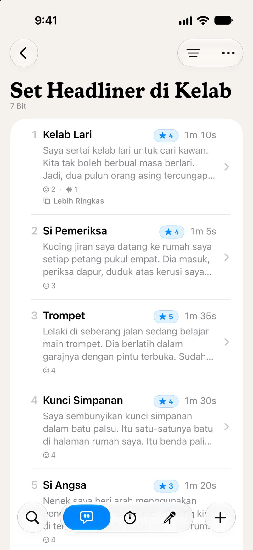 Sebuah Set dalam Bitbook: tujuh Bit mengikut turutan, setiap satu dengan penilaian bintang dan masa berjalannya