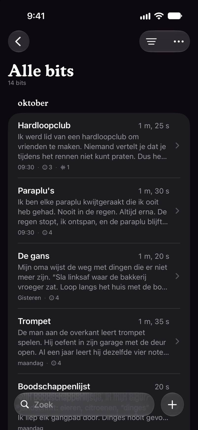 Alle bits in Bitbook: elke bit in één lijst, elk met zijn speeltijd en de eerste regels van de tekst