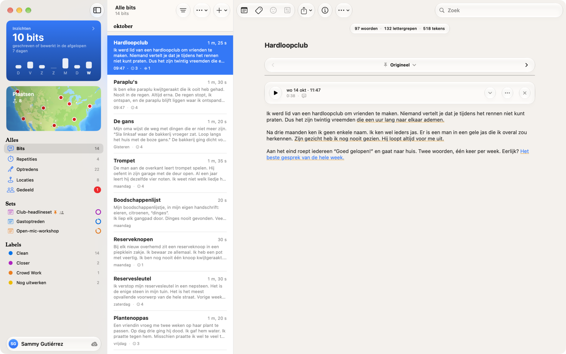 Bitbook op de Mac: sets en labels in de navigatiekolom, alle bits in één lijst en één geopende bit met de regels die gelach kregen gemarkeerd