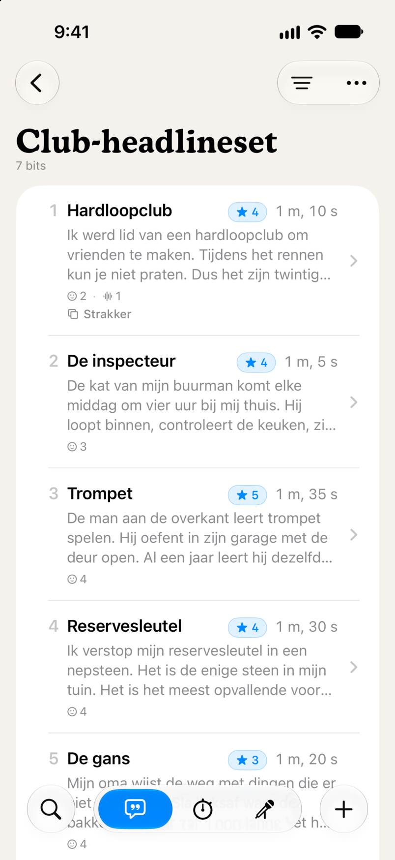 Een set in Bitbook: zeven bits op volgorde, elk met sterrenbeoordeling en speeltijd