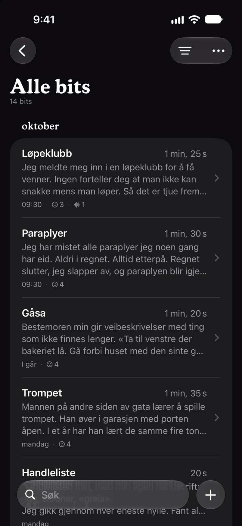 Alle bits i Bitbook: hver bit i én liste, hver med spilletid og de første linjene av teksten