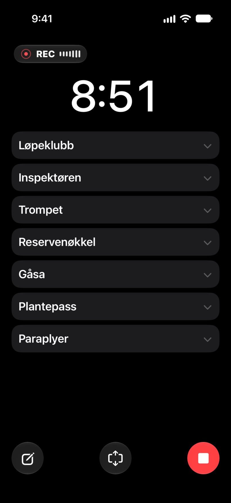Liveopptreden: medgått og gjenværende tid, opptak, med settet under telleren