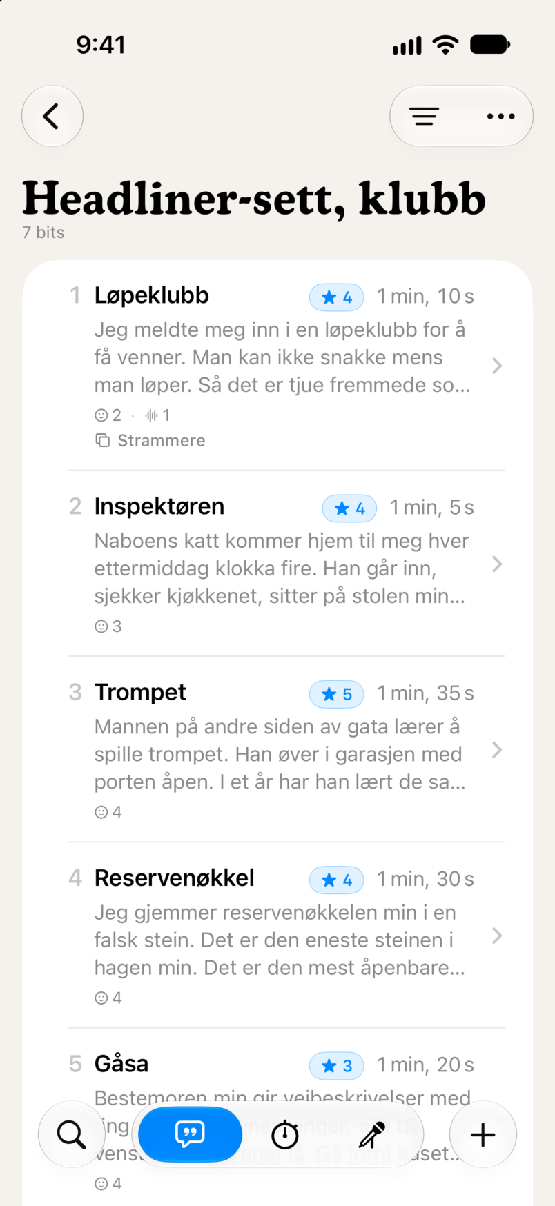 Et set i Bitbook: syv bits i rekkefølge, hver med stjernevurdering og spilletid