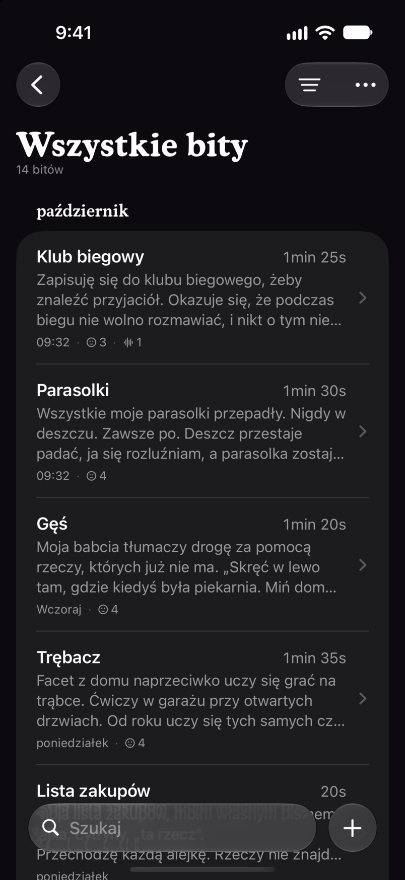 Wszystkie bity w Bitbooku: każdy bit na jednej liście, każdy z czasem trwania i pierwszymi linijkami tekstu