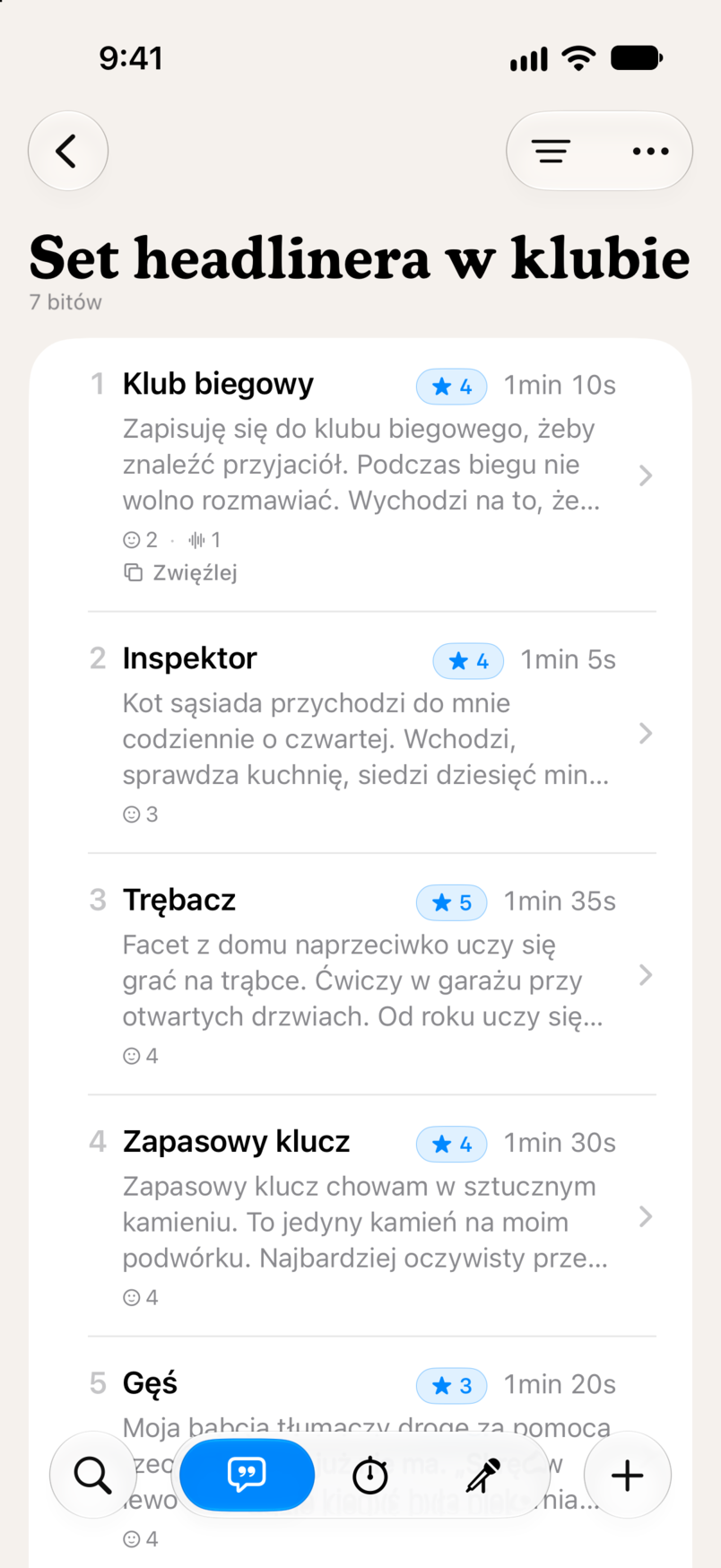 Set w Bitbooku: siedem bitów po kolei, każdy z oceną w gwiazdkach i czasem trwania