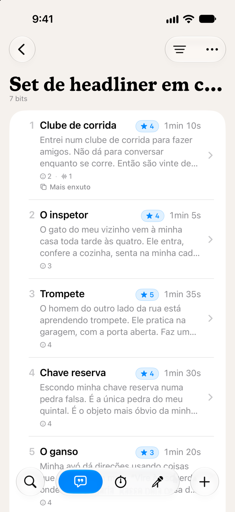 Um set no Bitbook: sete bits em ordem, cada um com sua avaliação em estrelas e sua duração