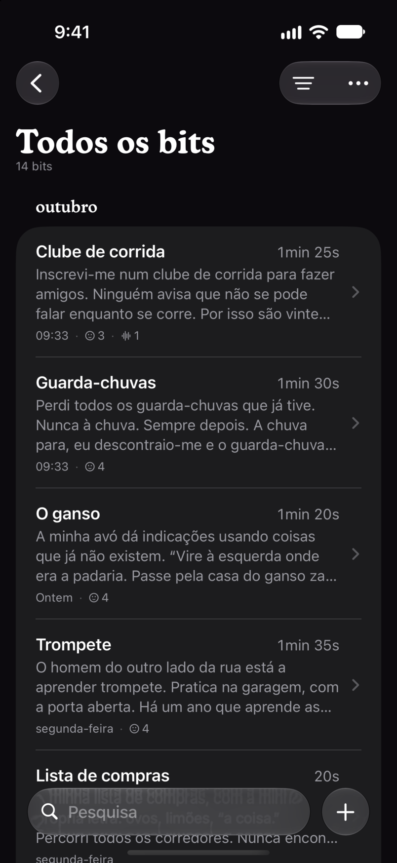 Todos os bits no Bitbook: cada bit numa só lista, cada um com a sua duração e as suas primeiras linhas