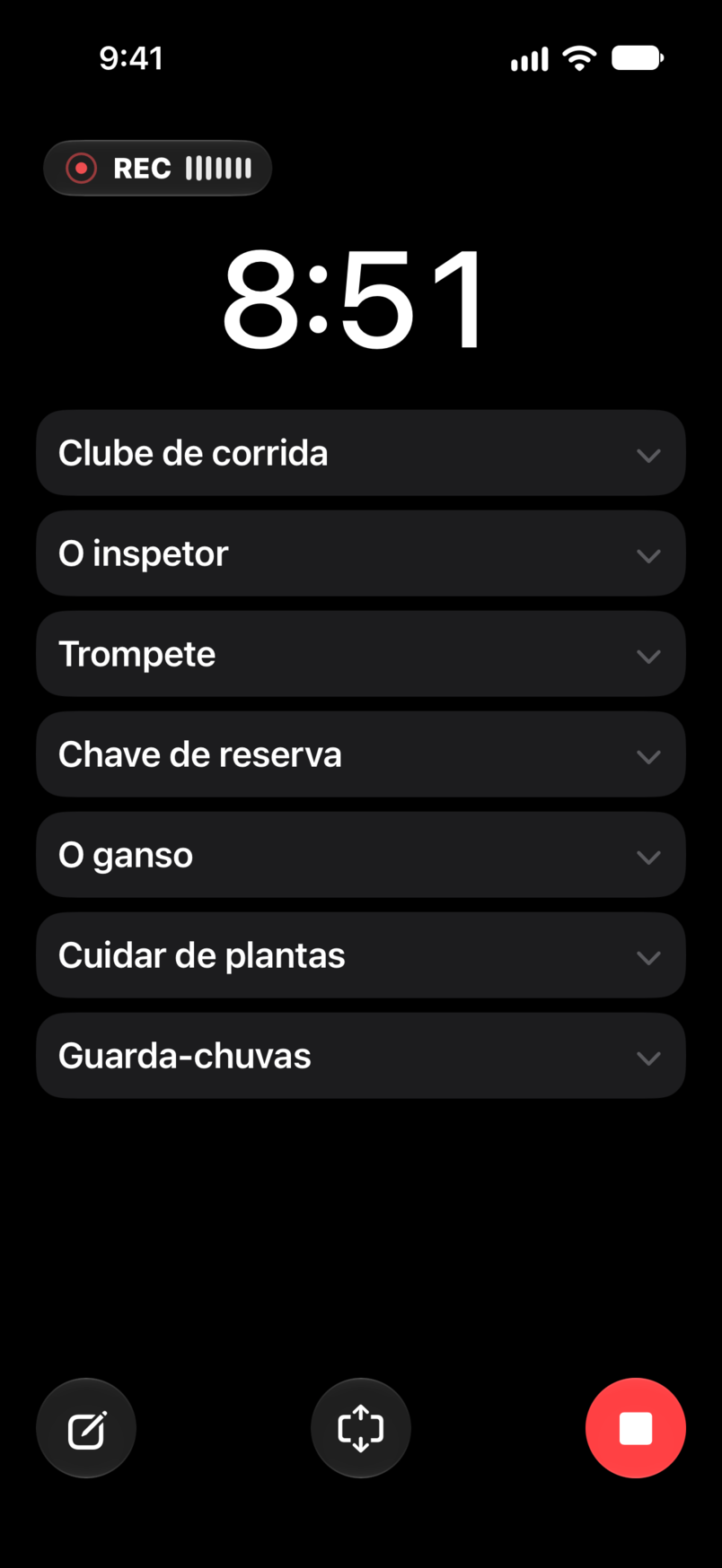 Espetáculo ao vivo: tempo decorrido e restante, gravação, com o set sob o cronómetro