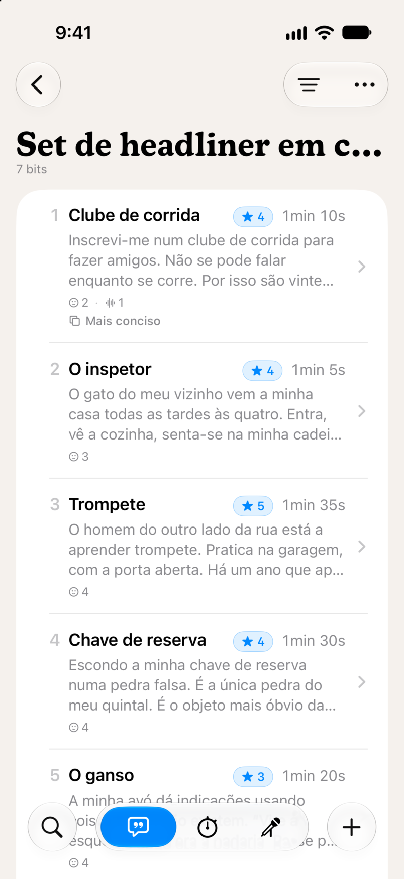 Um set no Bitbook: sete bits em ordem, cada um com a sua avaliação em estrelas e a sua duração