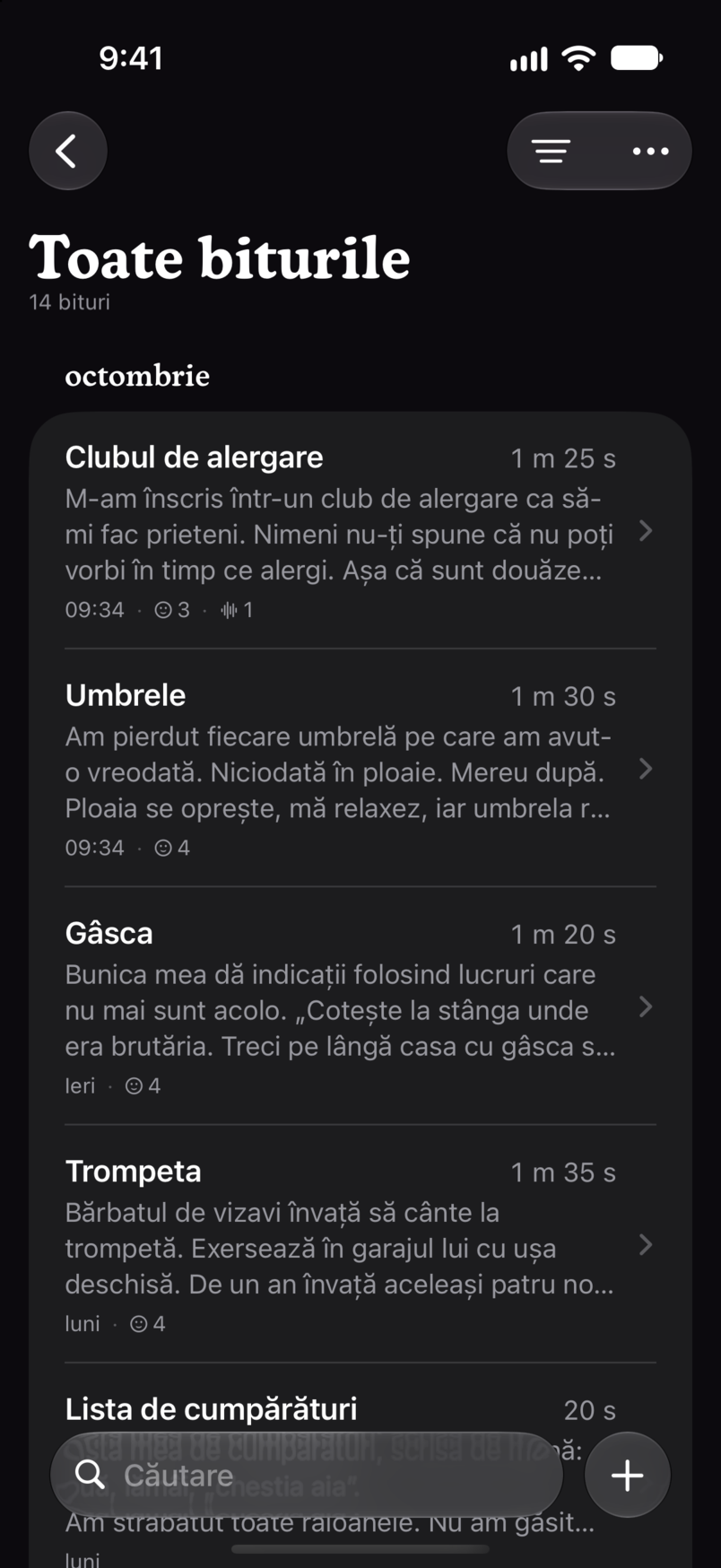 Toate biturile în Bitbook: fiecare bit într-o singură listă, cu durata și primele rânduri ale fiecăruia