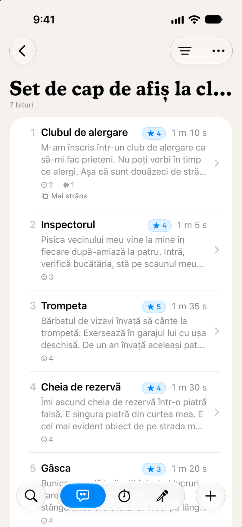 Un set în Bitbook: șapte bituri în ordine, fiecare cu evaluarea în stele și durata