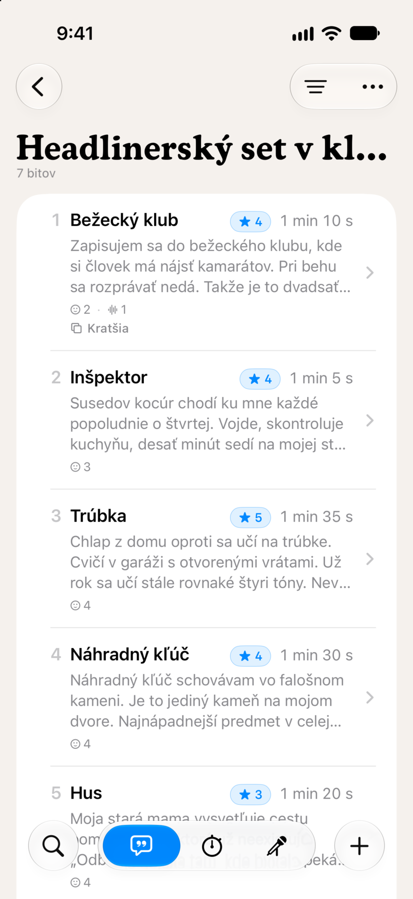 Set v Bitbooku: sedem bitov v poradí, každý s hodnotením hviezdičkami a časom