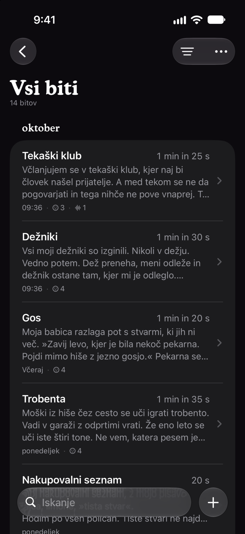 Vsi biti v Bitbooku: vsak bit na enem seznamu, vsak s svojim trajanjem in uvodnimi vrsticami