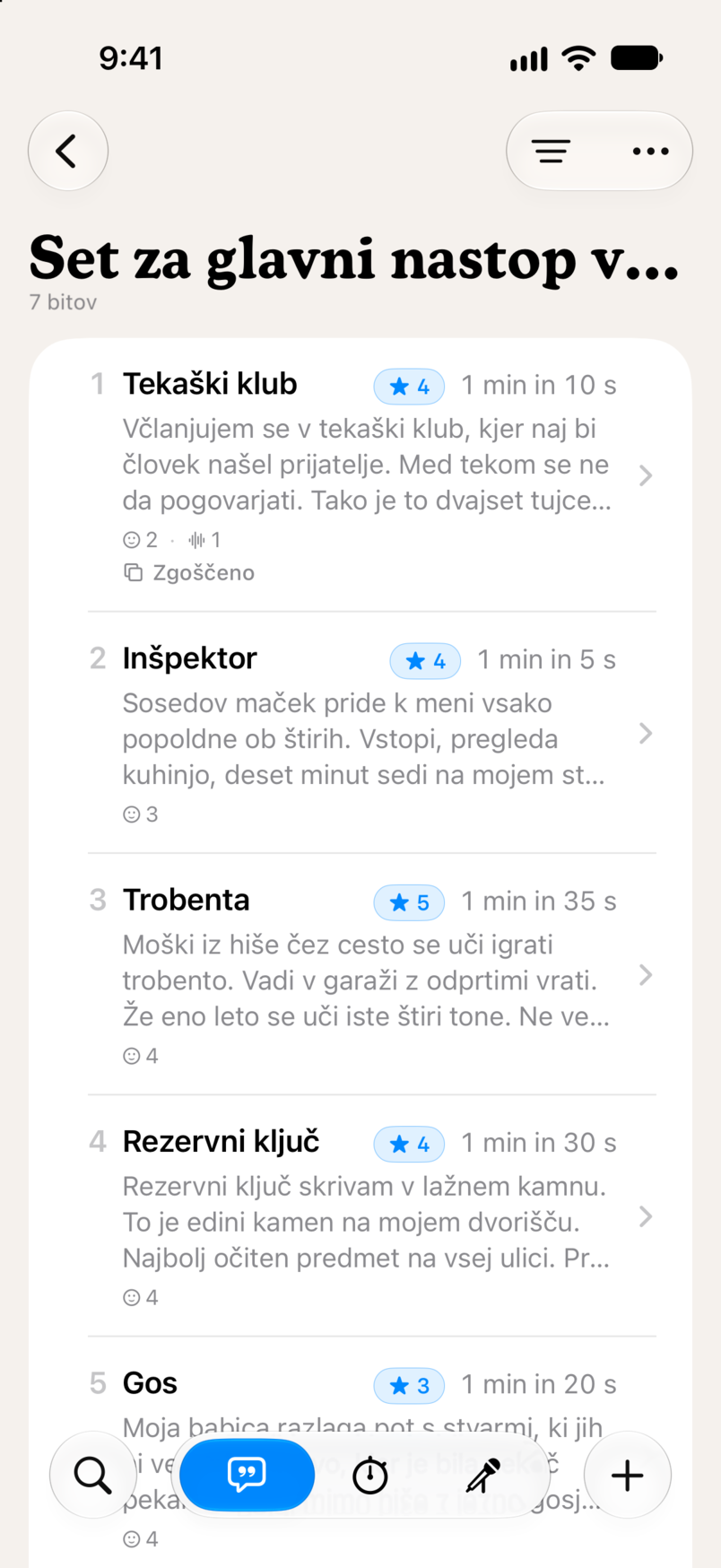 Set v Bitbooku: sedem bitov po vrsti, vsak z oceno v zvezdicah in trajanjem
