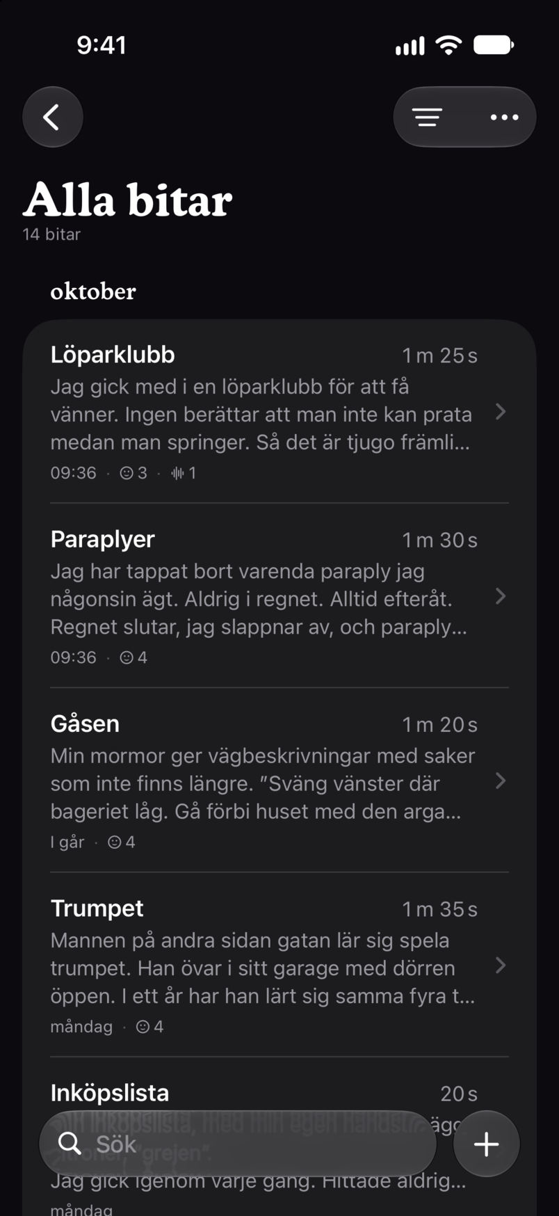 Alla bitar i Bitbook: varje bit i en lista, var och en med sin speltid och sina första rader